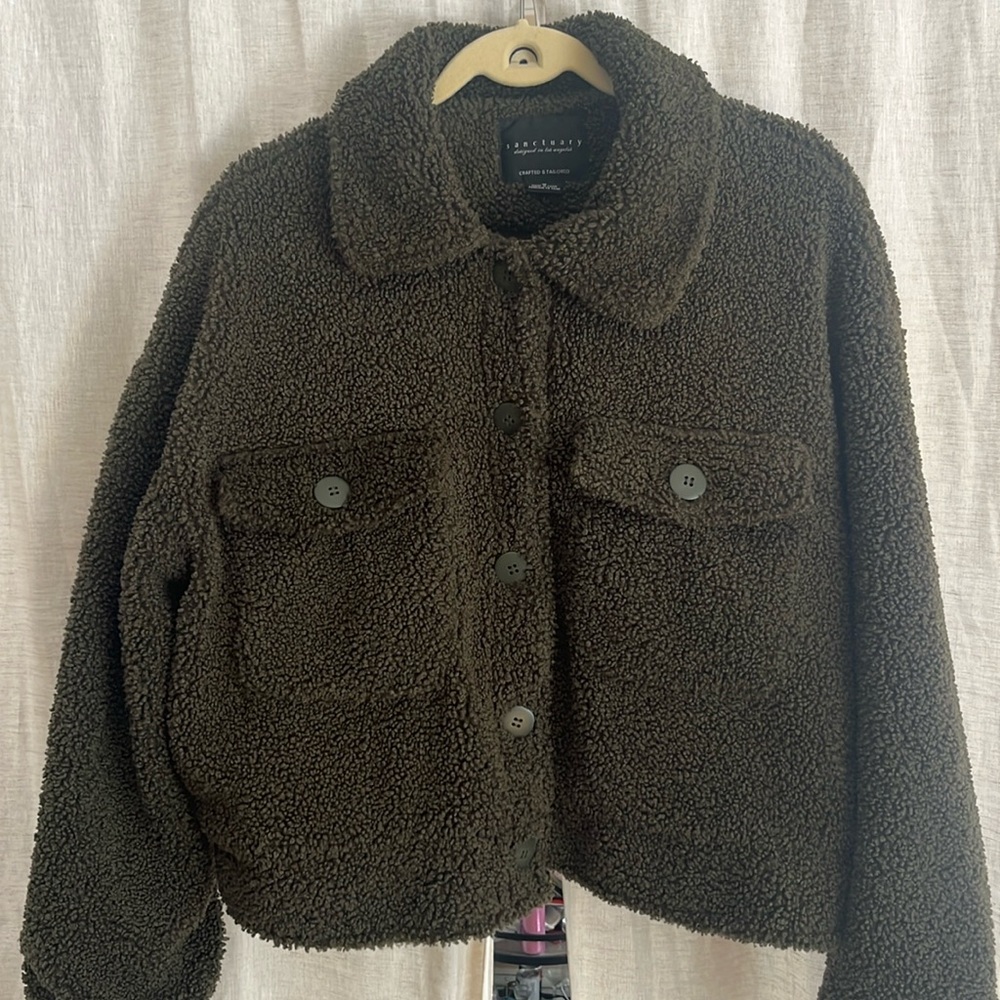 Sanctuary Dark Green Boucle Button Down Teddy Bear Jacket